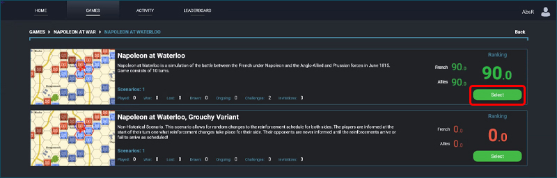 Game Scenarios Page