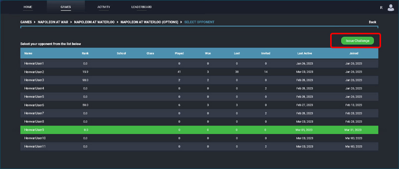 Select Opponent Page